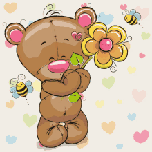 a teddy bear is holding a flower with bees flying around it