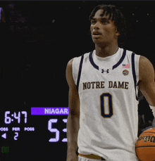 a man in a notre dame jersey holds a basketball in front of a scoreboard