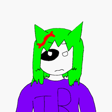 a drawing of a girl with green hair and a purple shirt that says tb