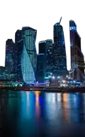 a city skyline at night with a few buildings that say ' tcs ' on them