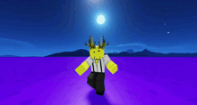 a yellow roblox character with a crown on his head stands in a purple field