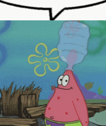 patrick star from spongebob squarepants is drinking water from a bottle