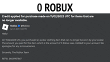 a screenshot of a roblox page that says o robux on it