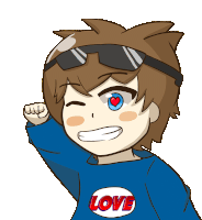 a boy wearing sunglasses and a blue shirt that says love on it