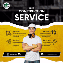 an advertisement for a construction service with a smiling man