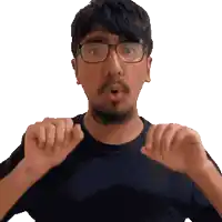 a man wearing glasses and a black shirt is making a funny face