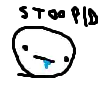 a drawing of a person with a tongue sticking out and the words `` stop '' written below it .