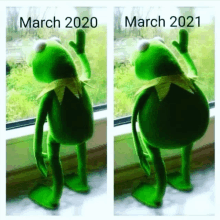 a kermit the frog is standing in front of a window in march 2020 and 2021