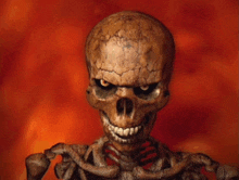 a skeleton with a cracked skull is smiling in front of a fire background