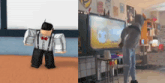 a man in a bow tie and suspenders is standing in front of a blackboard
