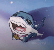 a drawing of a shark with a name tag that says monveg on it