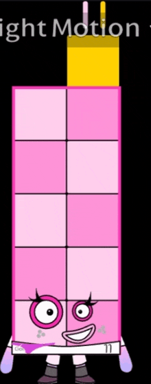 a pink cartoon character with a yellow block on top of her head .