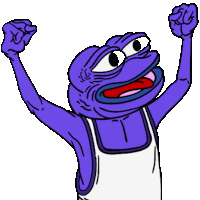 a cartoon of a purple frog wearing a white apron with his fist in the air