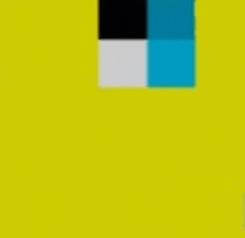 a yellow background with a black , white , and blue square in the middle .