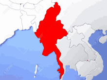 a map of myanmar is highlighted in red on a blue background