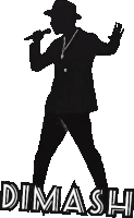 a silhouette of a man singing into a microphone with the name dimash written below him