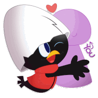 a cartoon drawing of a black bird hugging a purple cartoon character