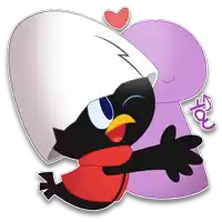 a cartoon drawing of a black bird hugging a purple cartoon character