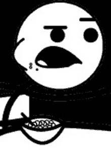 a black and white cartoon of a person eating cereal with a funny face .