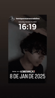 a black and white photo of a person with the time 16:19