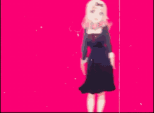 a blurred image of a girl in a black dress on a pink background .