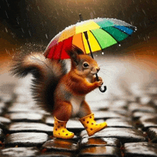 a squirrel wearing yellow boots is holding a rainbow colored umbrella