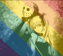 jason voorhees and a girl with a rainbow background