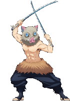 a cartoon character with a pig mask is holding two swords