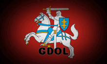 a knight on a horse holding a sword and shield with the word gdol on the bottom