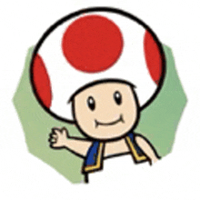 a cartoon of a toad with a red and white polka dot hat waving his hand .