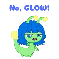 a cartoon drawing of a girl with blue hair and the words " no glow " above her