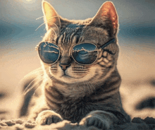 a cat wearing sunglasses is laying on the sand