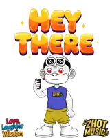 a cartoon character is holding a cell phone in front of a sign that says " hey there "