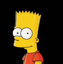 bart simpson is wearing a red t-shirt and has big eyes