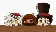 a drawing of three anime characters with one wearing a top hat with a feather on it