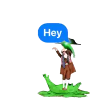 a cartoon of a man holding a leaf with a speech bubble that says hey