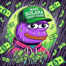 a purple frog with a green hat that says make solana great again