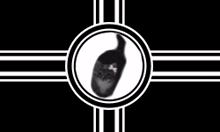 a black and white flag with a cat in a circle .