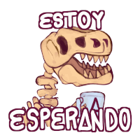 a drawing of a dinosaur holding a cup with the words estoy esperando above it