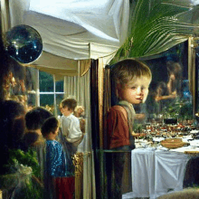 a group of children are standing around a table in a room with a reflection of a boy in a mirror .