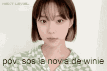 a woman in a green and white checkered shirt with the words pov sos la novia de winie on the bottom