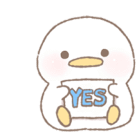 a white duck holding a sign that says yes