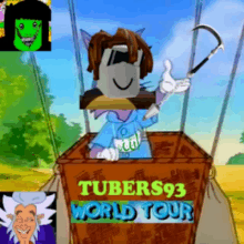 a cartoon character in a hot air balloon with the words " tubers 93 world tour " on the bottom