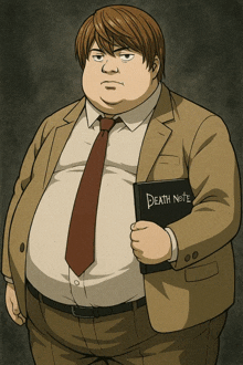 a fat man in a suit and tie is holding a death note