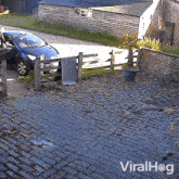 a car is parked in a driveway next to a fence and a potted plant with viralhog written on the bricks