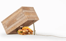 a wooden box filled with hamburgers and french fries is tied to a rope