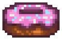 a pixel art drawing of a donut with pink frosting and sprinkles .