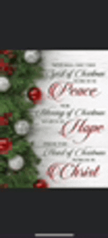 a blurry picture of a christmas tree with red and white ornaments and a christmas card .