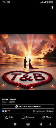 a picture of a bride and groom on a beach with the letters t & b written on the ground