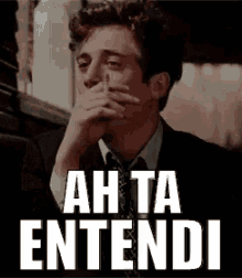 a man in a suit and tie is covering his mouth with his hand and the words `` ah ta entendi '' above him .